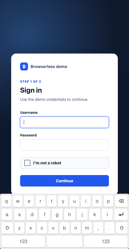 Default light virtual keyboard below a demo sign-in form