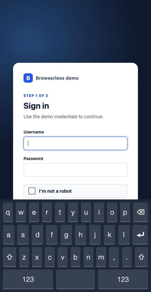 Dark virtual keyboard with taller keys below the same sign-in form